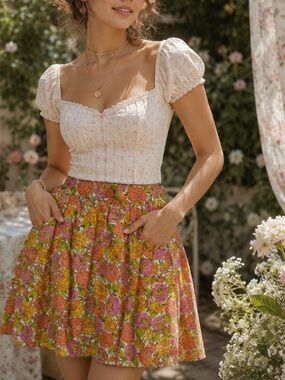 Tulle Floral orange multicolor Miniskirt back button Cotton Xs pocket fall